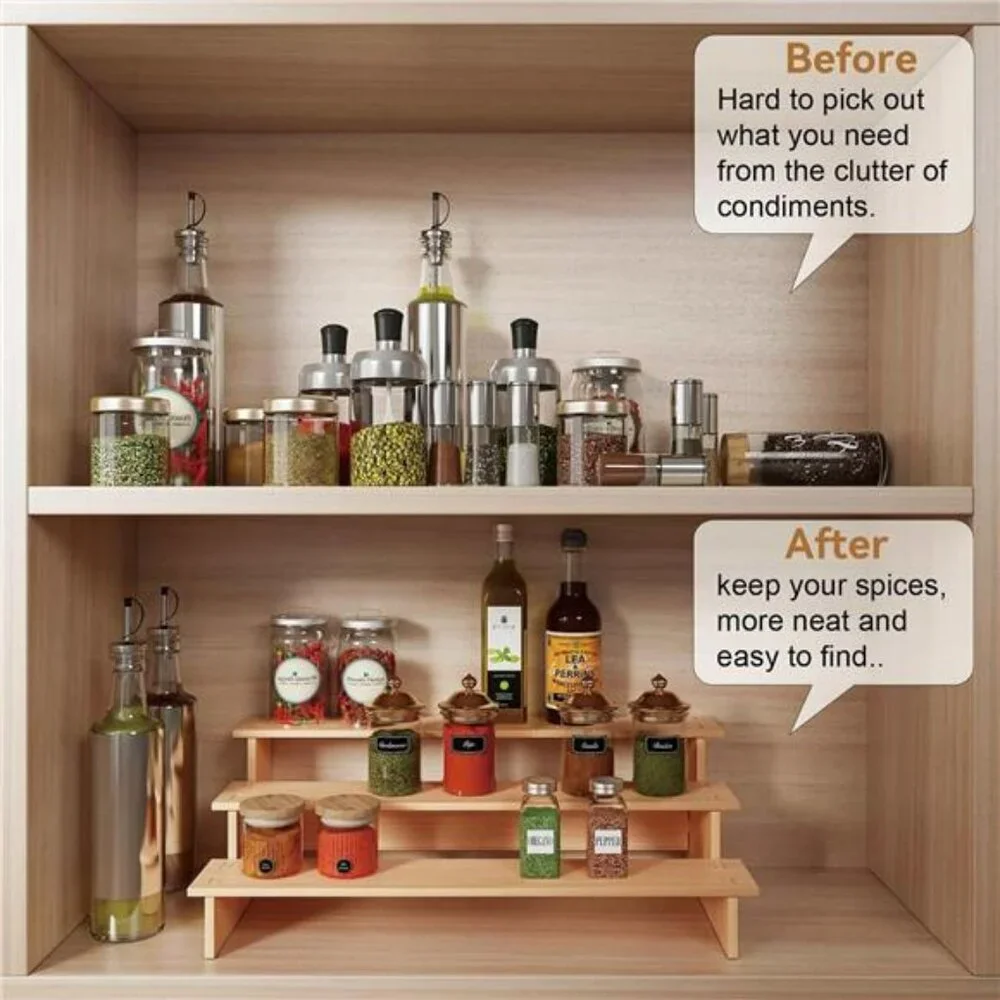 3 tier bamboo spice rack organizer kitchen cabinet pantry shelf storage jars can